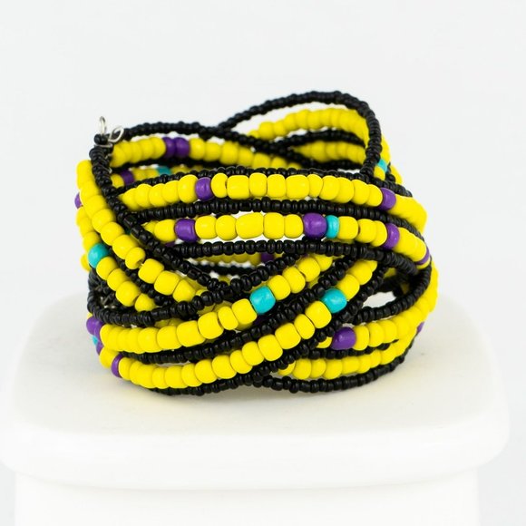 Multicolor Beaded Bracelet Open Cuff Memory Wire Yellow Black Purple Turquoise - Picture 4 of 5